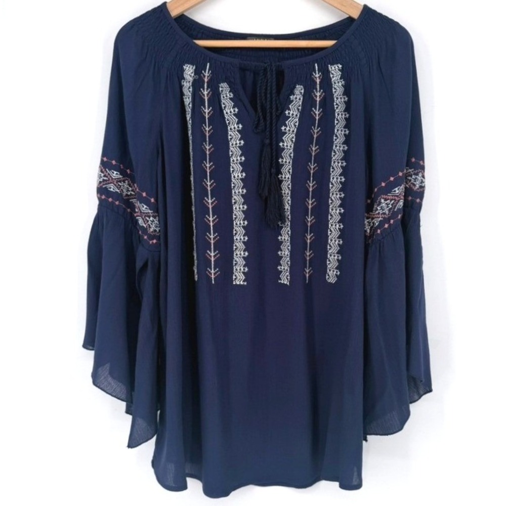 Hannah Navy Blue Embroidered Boho Bell Sleeve Peasant Blouse Small